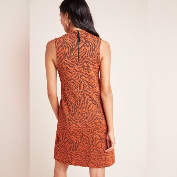 Anthropologie Brigitte Jacquard Orange Tiger Print Mock Neck Shift Dress Size XS - Picture 3 of 8